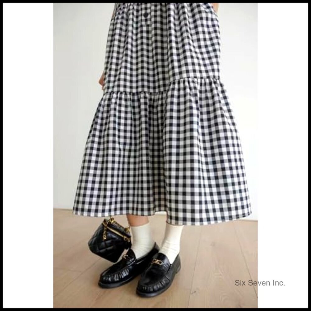 Summer Tiered Tank Dress Cotton Linen Sleeveless Beach Plaid Sun Dress - Picture 7 of 7